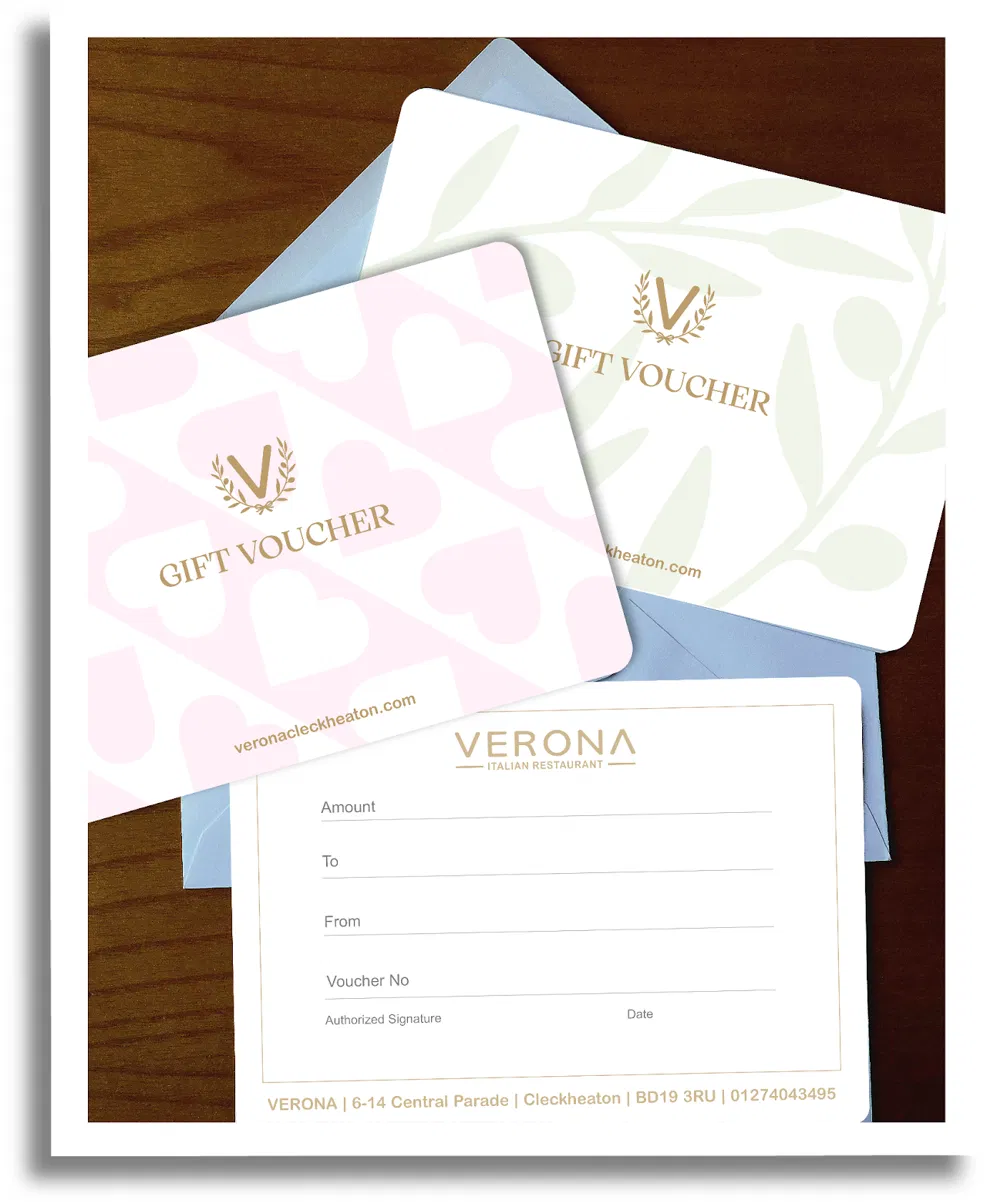 Verona gift voucher designs — Classic Olive, Rose & Hearts, and the fill-in voucher card